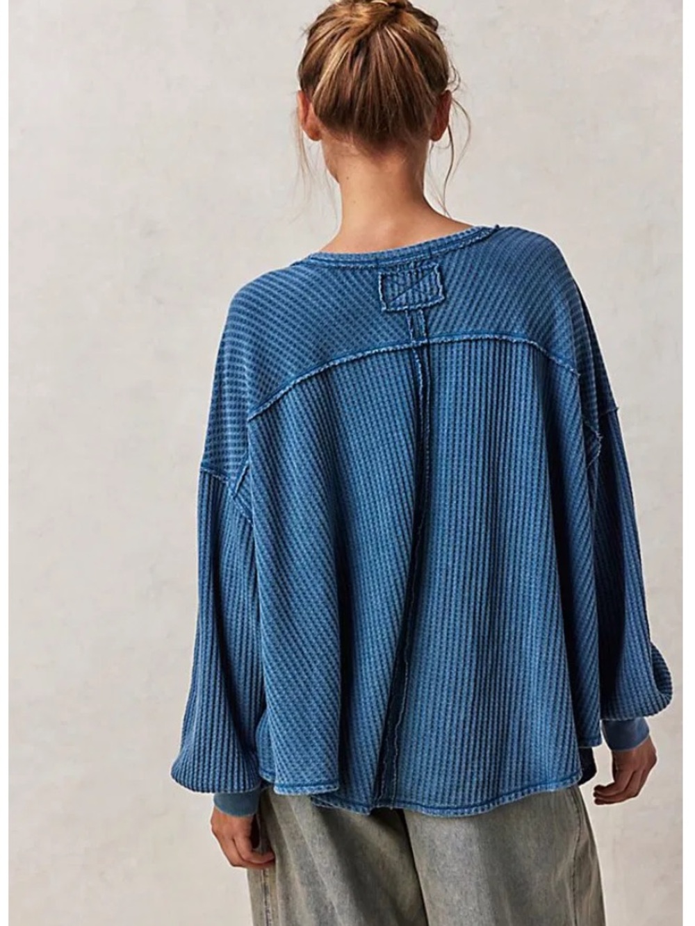 Free People We The Free Coraline Thermal Waffle Knit Blue Top XS Boho - Picture 3 of 7